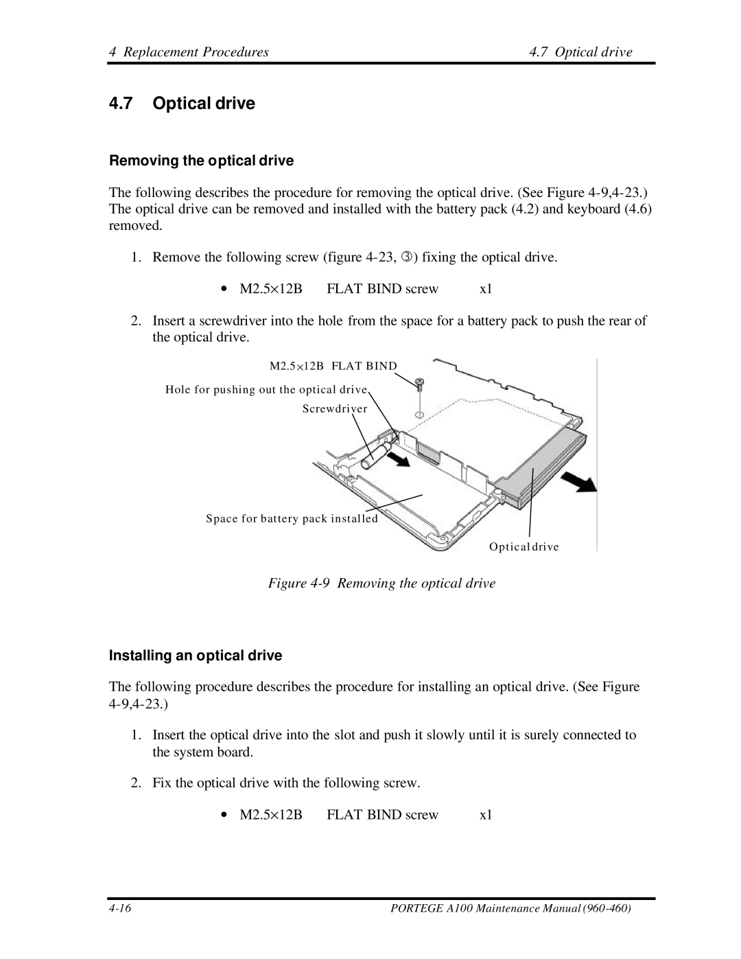 Toshiba A100 manual Replacement Procedures Optical drive, Removing the optical drive, Installing an optical drive 