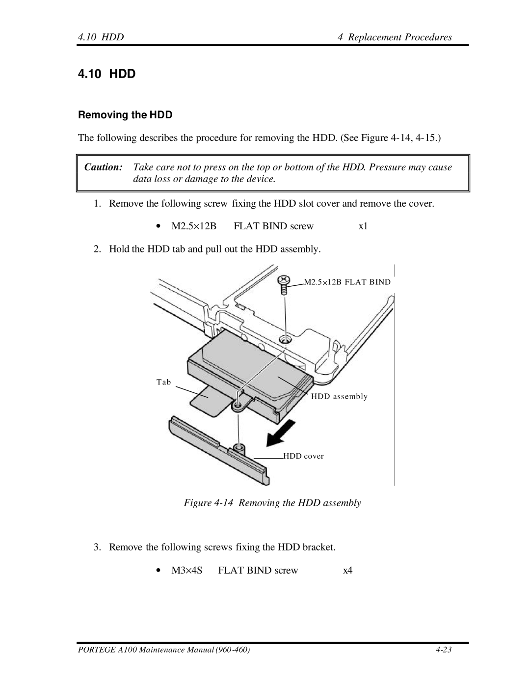 Toshiba A100 manual 10 HDD, HDD Replacement Procedures, Removing the HDD 