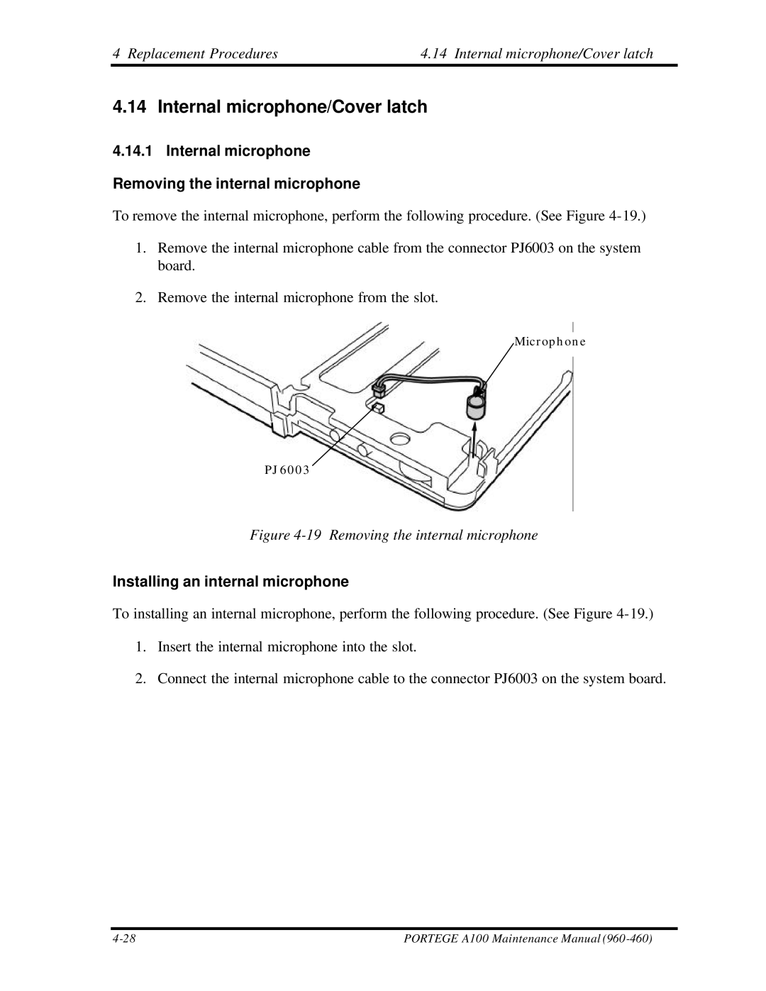 Toshiba A100 manual Replacement Procedures Internal microphone/Cover latch, Installing an internal microphone 