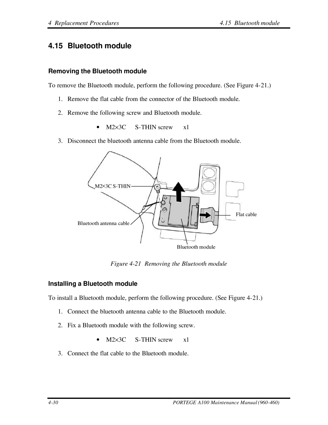 Toshiba A100 Replacement Procedures Bluetooth module, Removing the Bluetooth module, Installing a Bluetooth module 