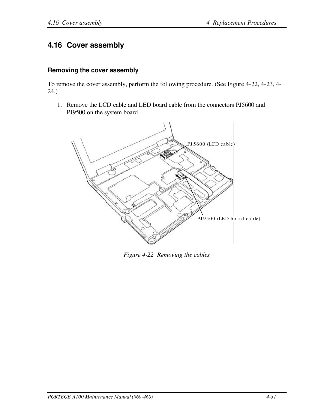 Toshiba A100 manual Cover assembly Replacement Procedures, Removing the cover assembly 