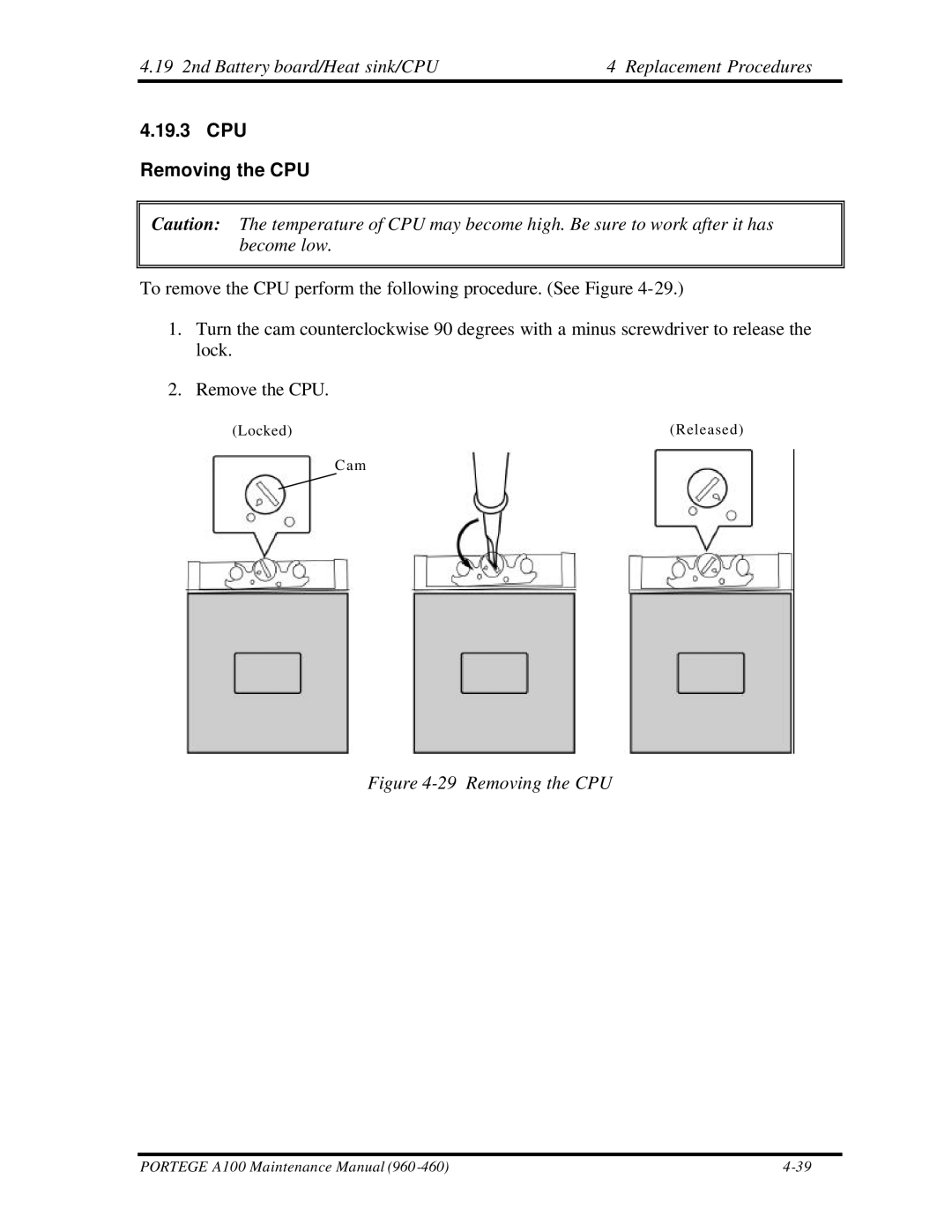 Toshiba A100 manual CPU Removing the CPU 