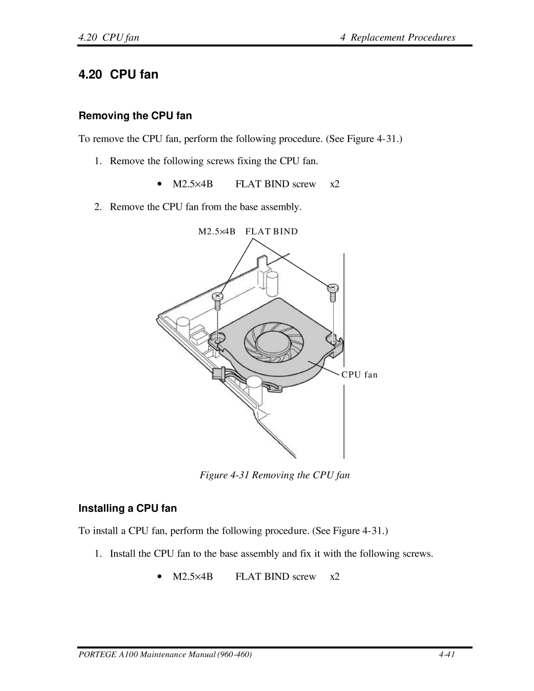 Toshiba A100 manual CPU fan Replacement Procedures, Removing the CPU fan, Installing a CPU fan 