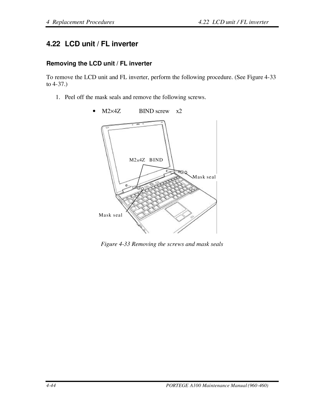 Toshiba A100 manual Replacement Procedures LCD unit / FL inverter, Removing the LCD unit / FL inverter 