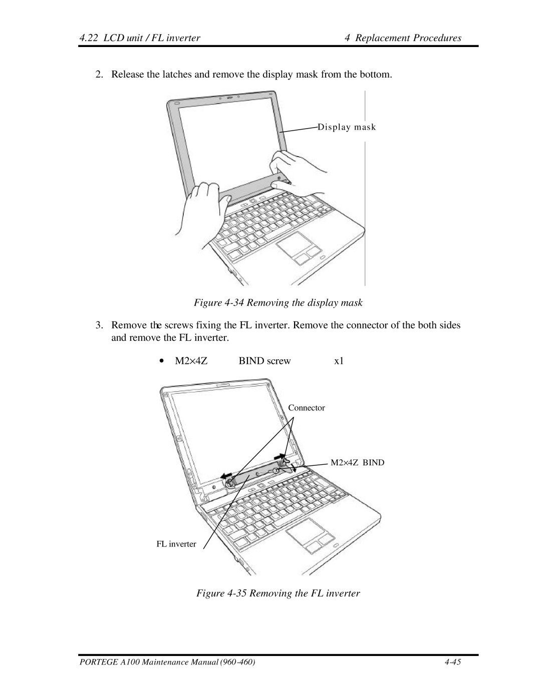 Toshiba A100 manual LCD unit / FL inverter Replacement Procedures, Removing the display mask 