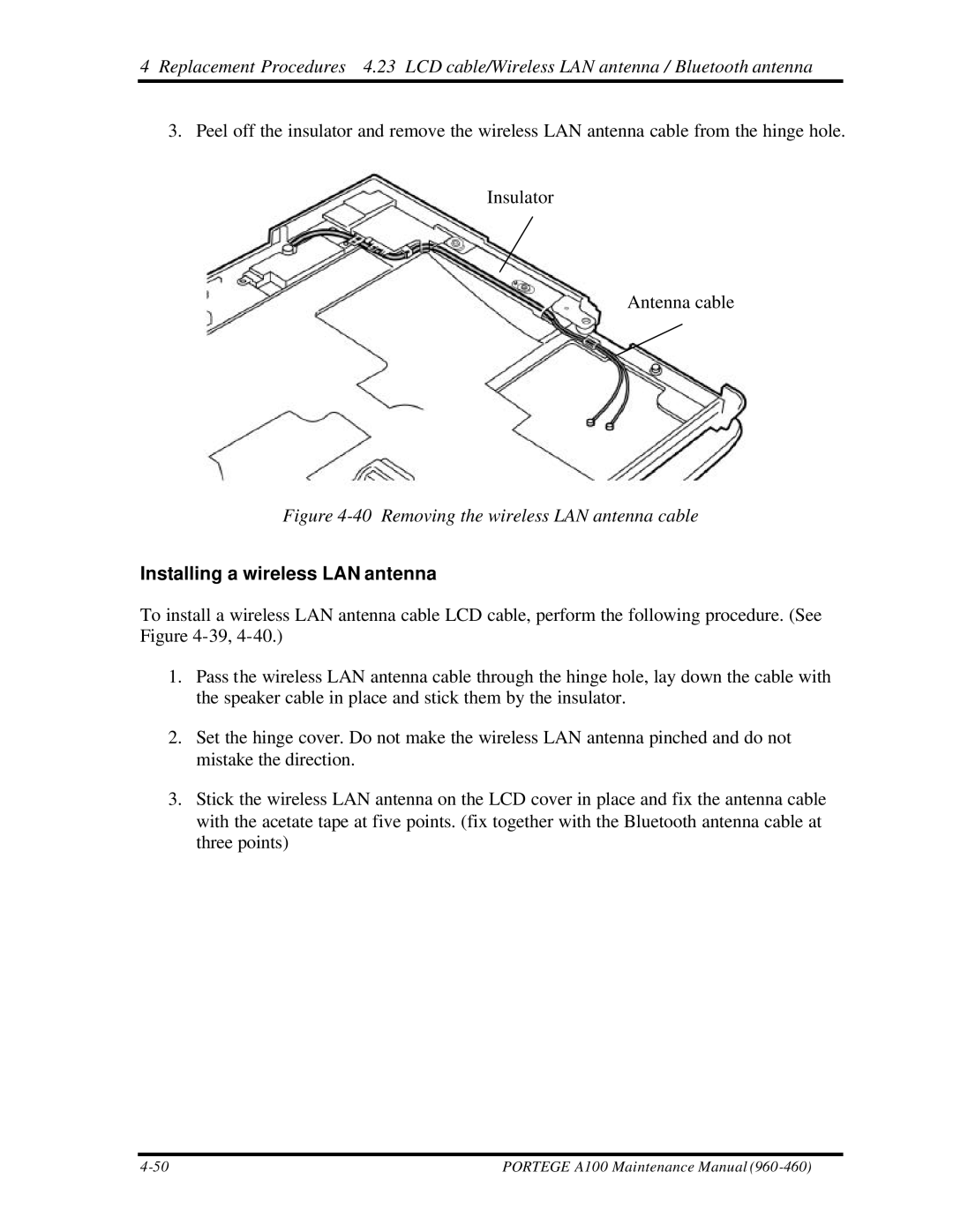 Toshiba A100 manual Removing the wireless LAN antenna cable, Installing a wireless LAN antenna 