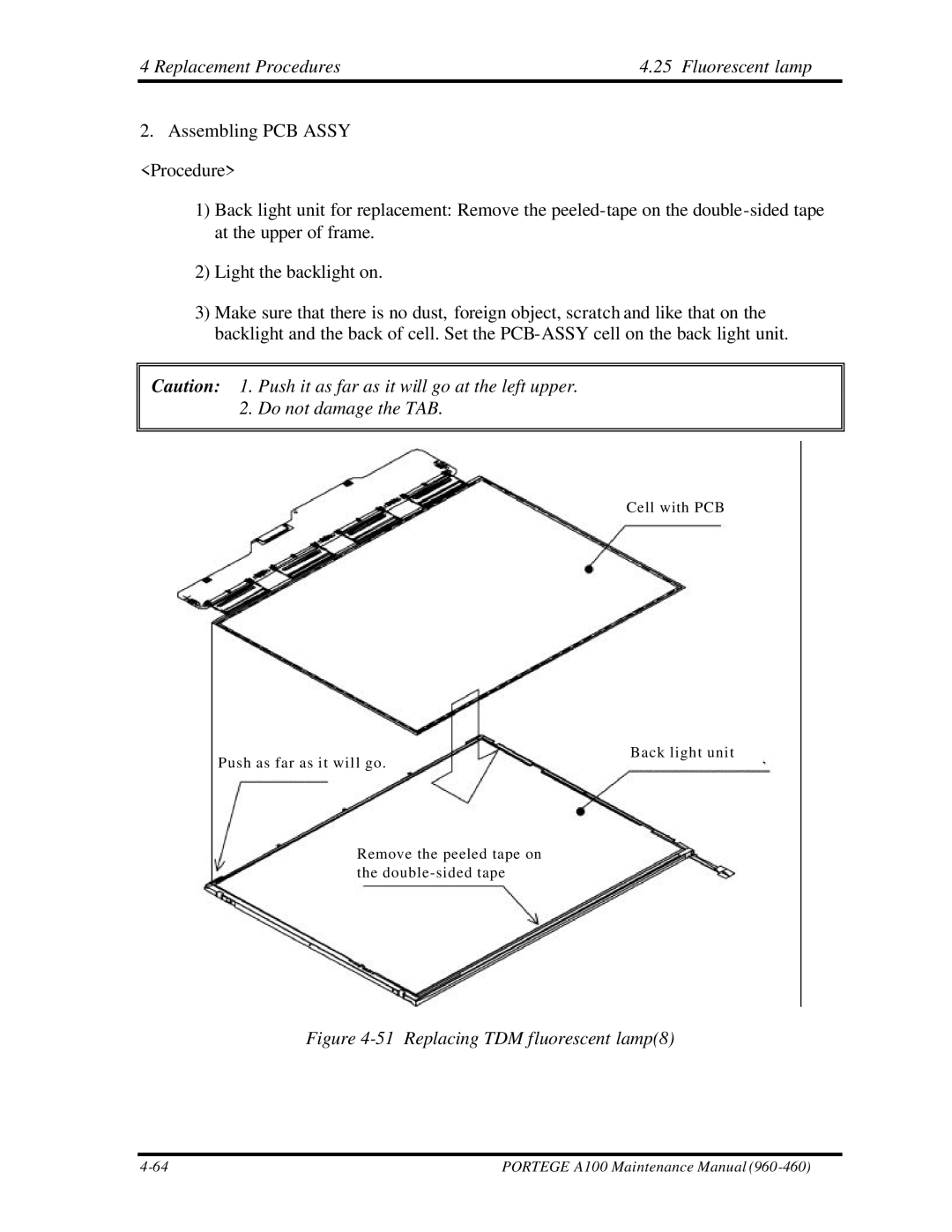 Toshiba A100 manual Replacing TDM fluorescent lamp8 