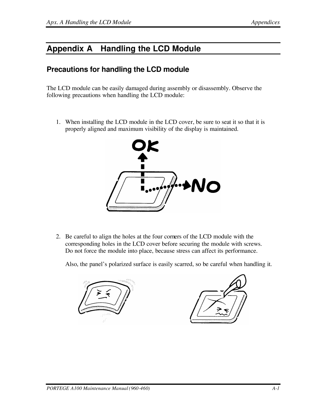 Toshiba A100 manual Precautions for handling the LCD module, Apx. a Handling the LCD Module Appendices 