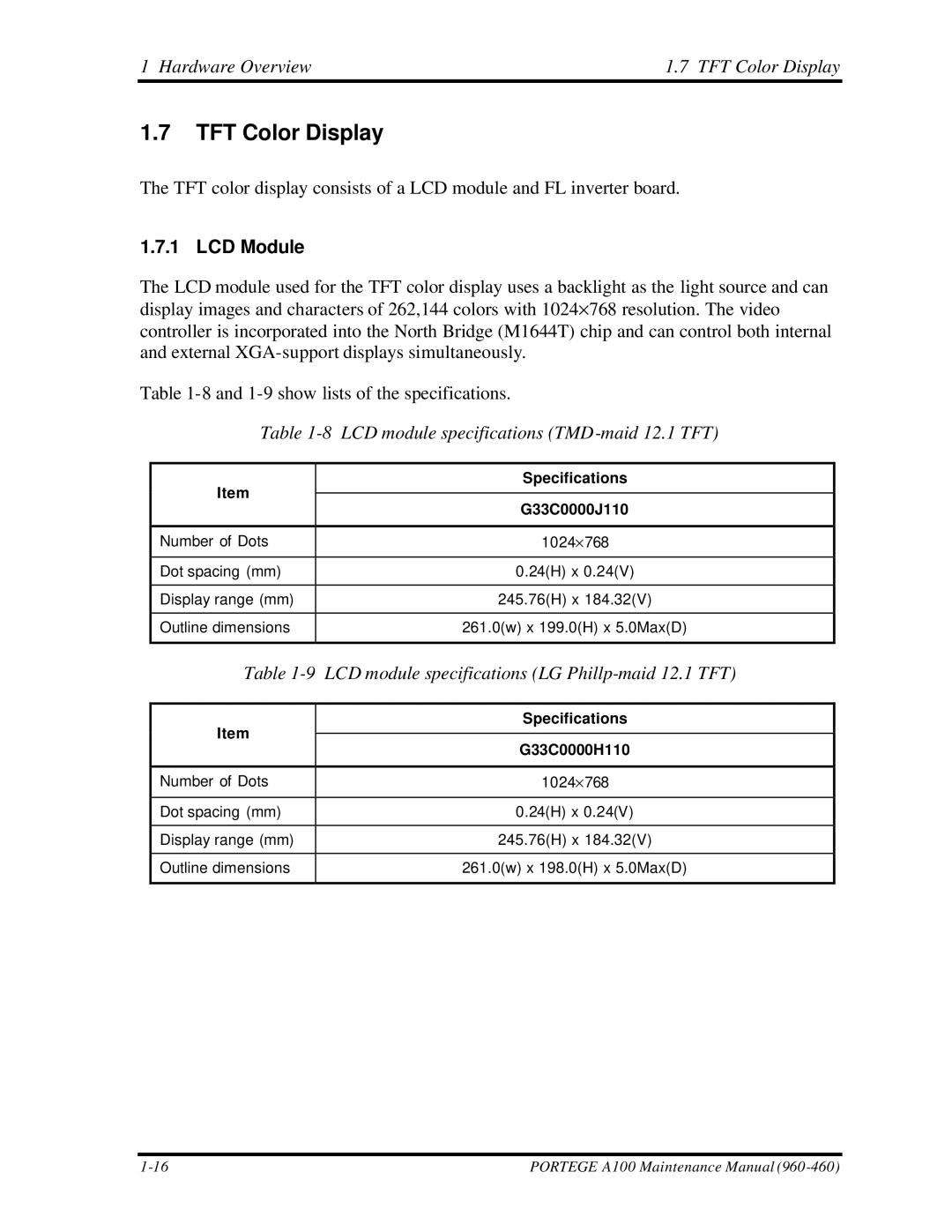 Toshiba A100 manual Hardware Overview TFT Color Display, LCD Module, LCD module specifications TMD-maid 12.1 TFT 