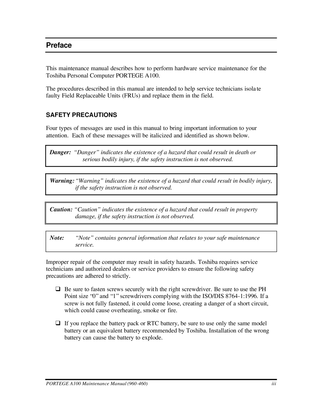 Toshiba A100 manual Preface, Safety Precautions 