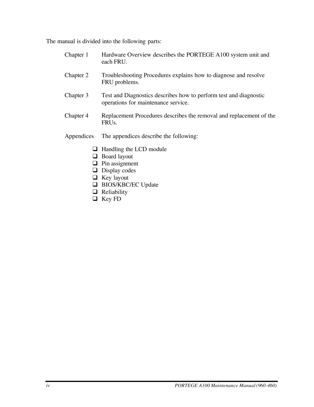 Toshiba manual Portege A100 Maintenance Manual 