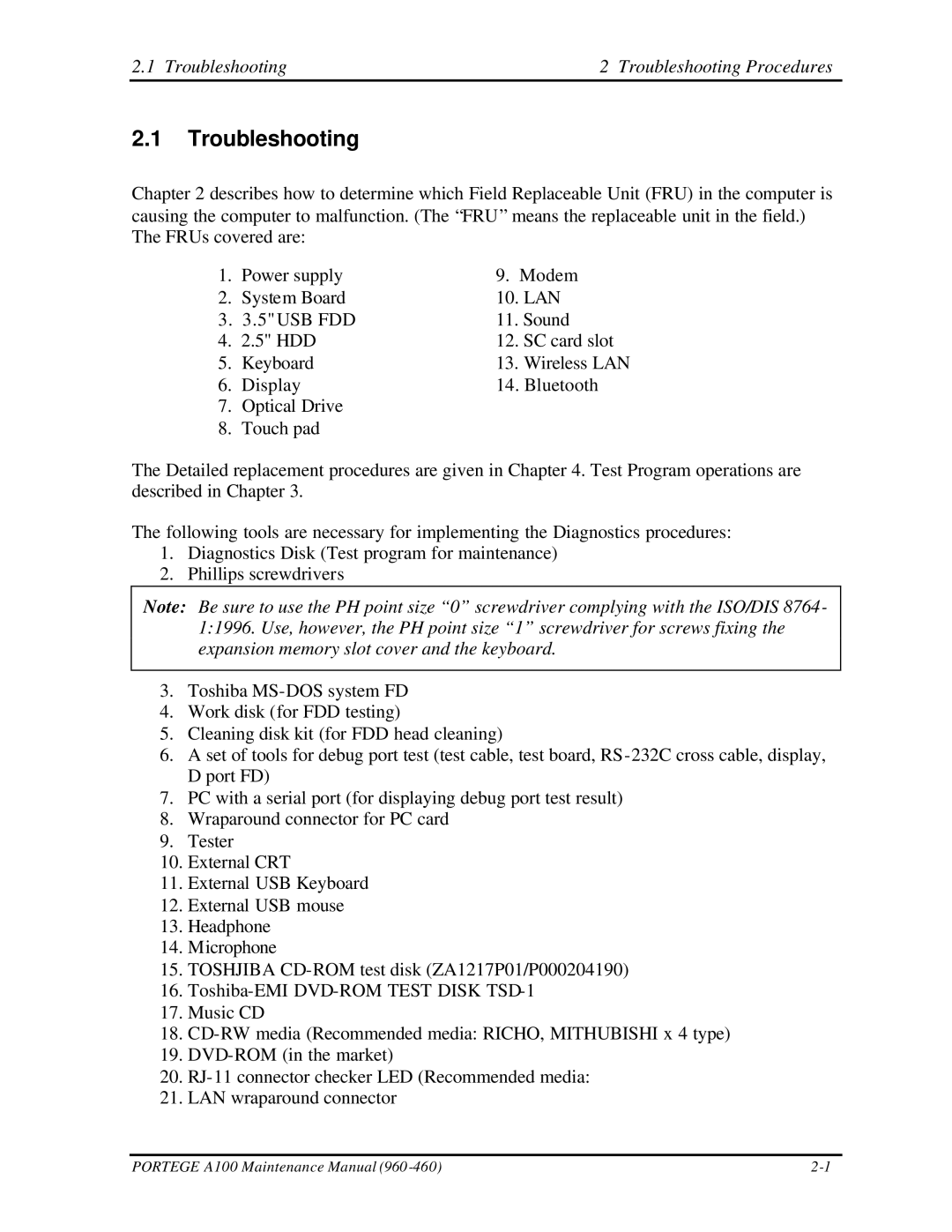 Toshiba A100 manual Troubleshooting Troubleshooting Procedures 