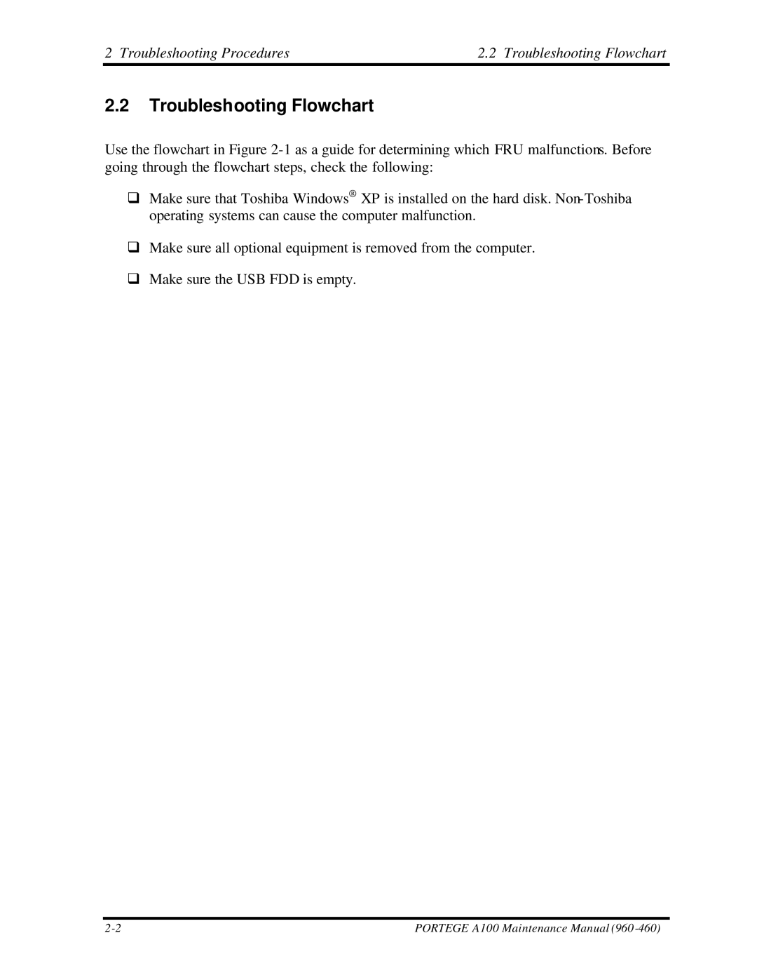 Toshiba A100 manual Troubleshooting Procedures Troubleshooting Flowchart 