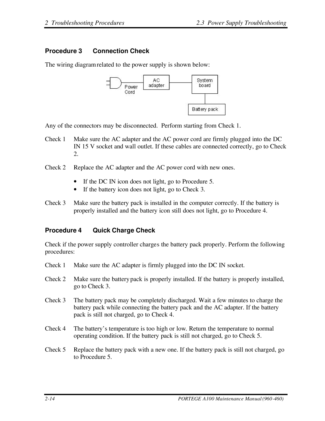 Toshiba A100 manual Procedure 3 Connection Check, Procedure 4 Quick Charge Check 