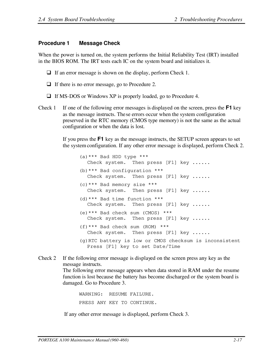 Toshiba A100 manual System Board Troubleshooting Troubleshooting Procedures, Procedure 1 Message Check 