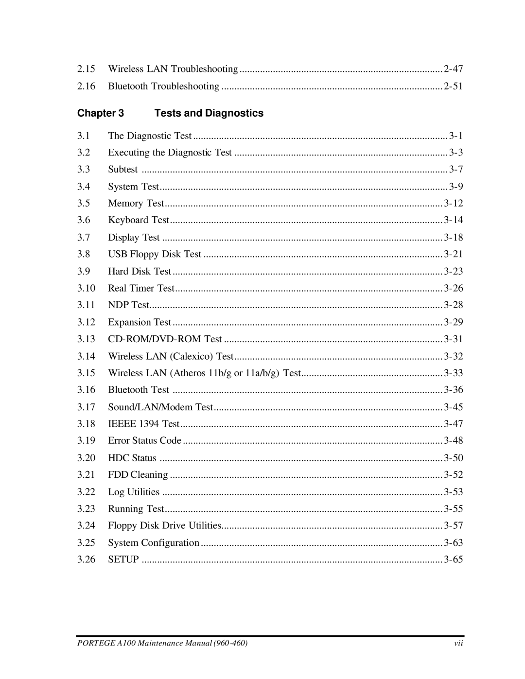 Toshiba A100 manual Chapter Tests and Diagnostics 