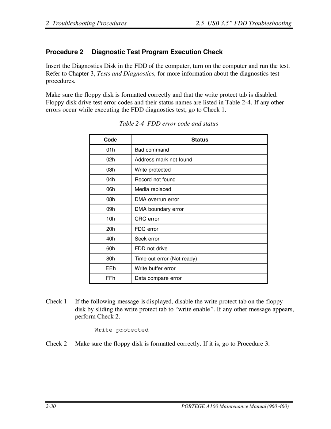 Toshiba A100 Troubleshooting Procedures USB 3.5 FDD Troubleshooting, Procedure 2 Diagnostic Test Program Execution Check 