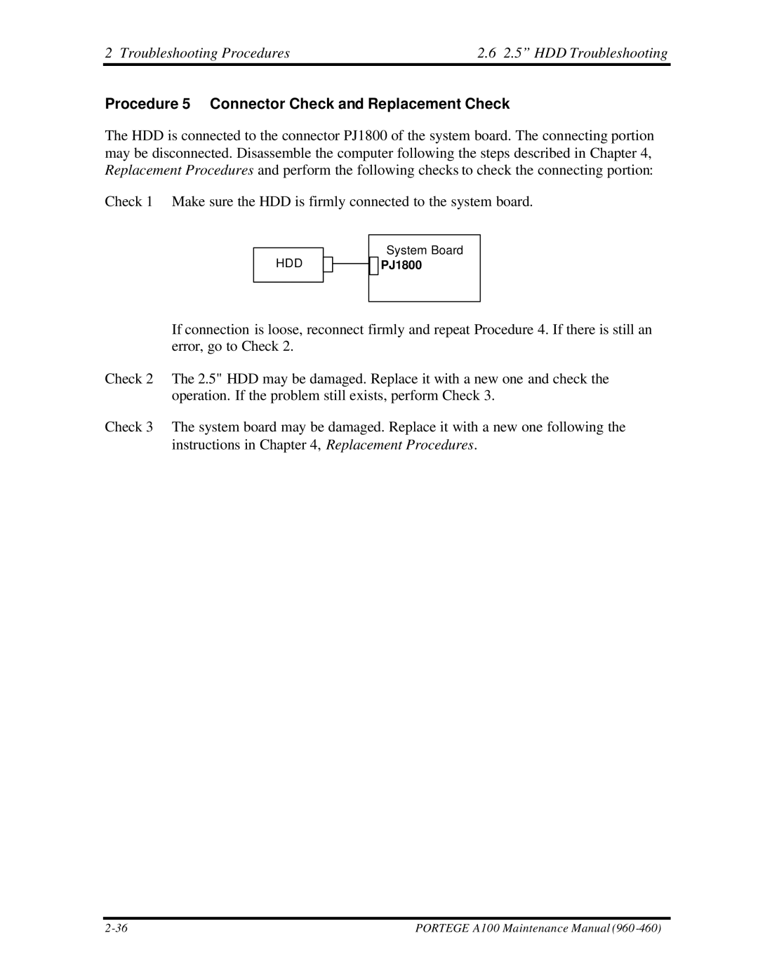 Toshiba A100 manual Procedure 5 Connector Check and Replacement Check, PJ1800 