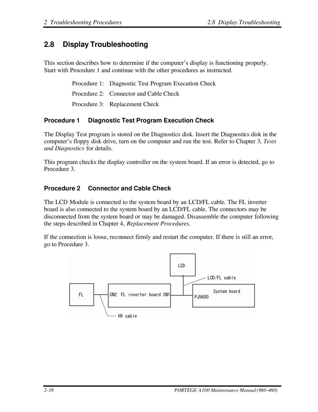 Toshiba A100 manual Troubleshooting Procedures Display Troubleshooting, Procedure 2 Connector and Cable Check 