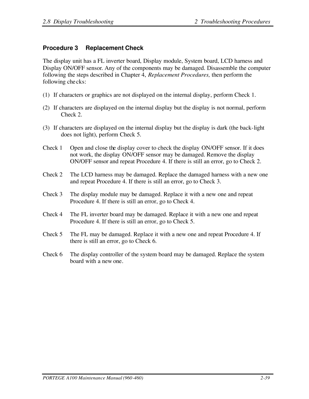 Toshiba A100 manual Display Troubleshooting Troubleshooting Procedures, Procedure 3 Replacement Check 