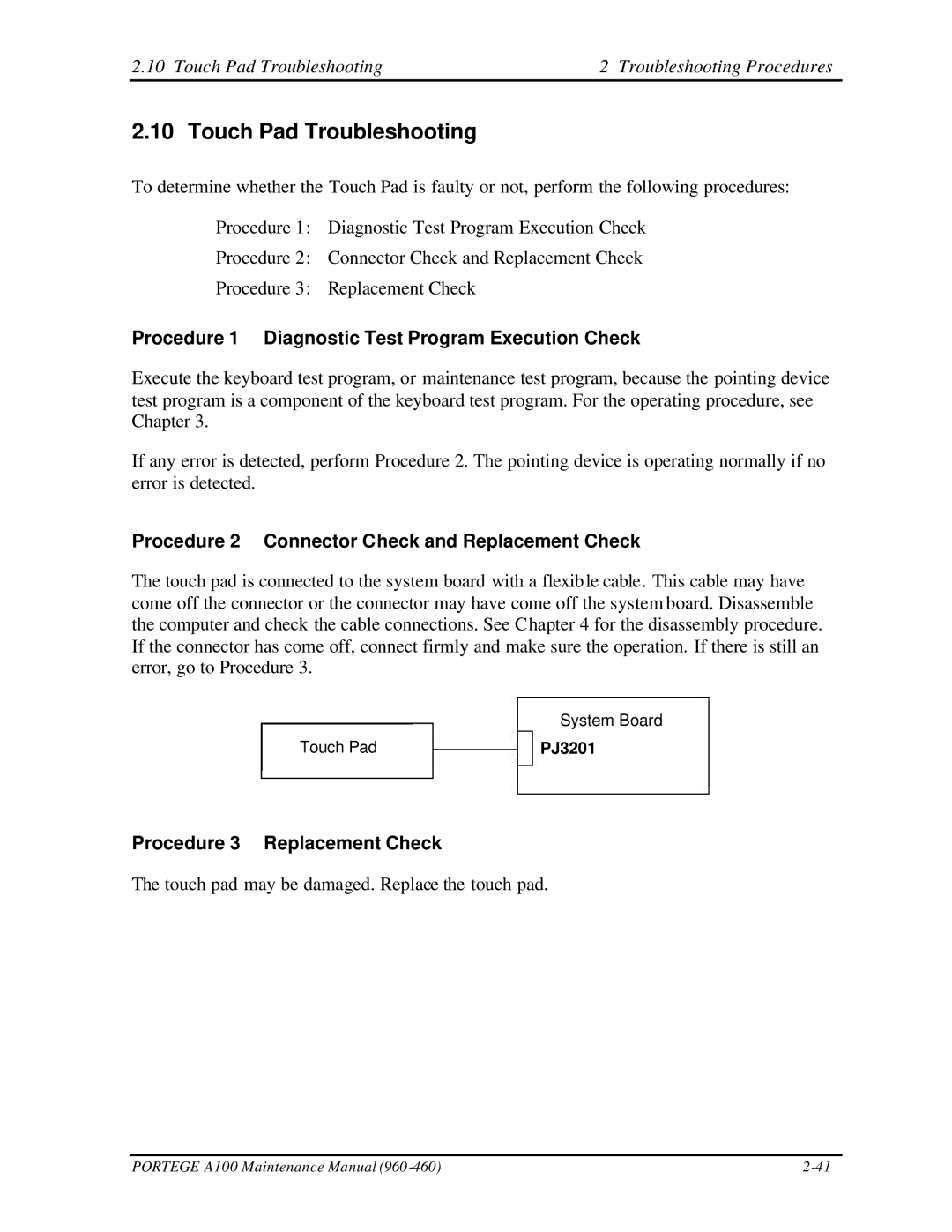 Toshiba A100 manual Touch Pad Troubleshooting Troubleshooting Procedures 