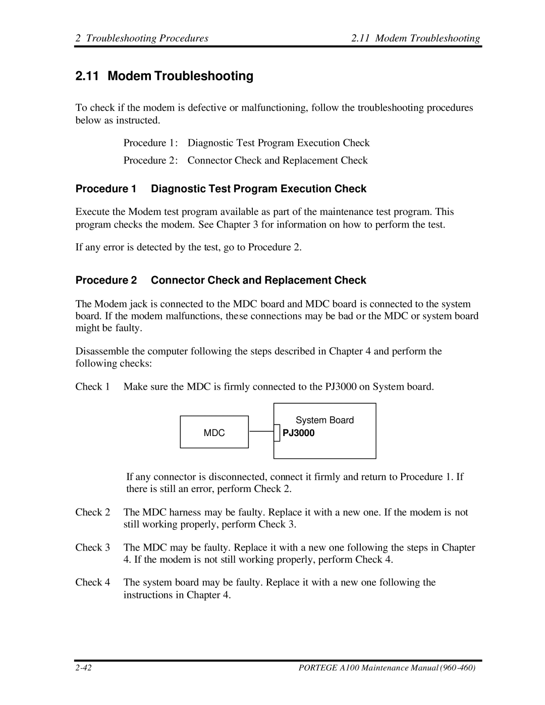 Toshiba A100 manual Troubleshooting Procedures Modem Troubleshooting 