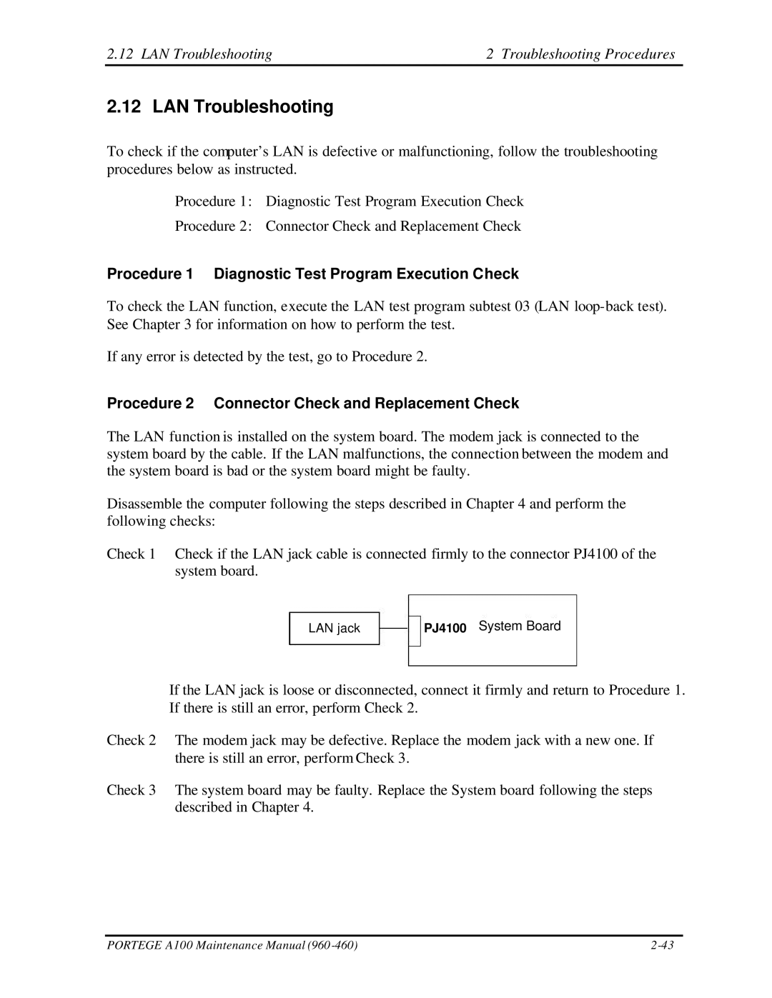 Toshiba A100 manual LAN Troubleshooting Troubleshooting Procedures 