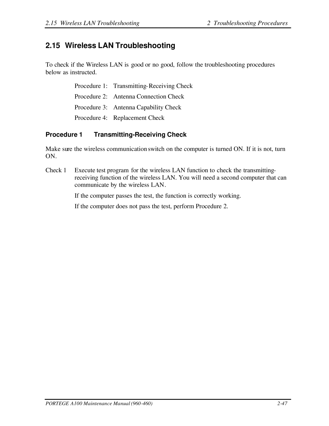 Toshiba A100 manual Wireless LAN Troubleshooting Troubleshooting Procedures, Procedure 1 Transmitting-Receiving Check 