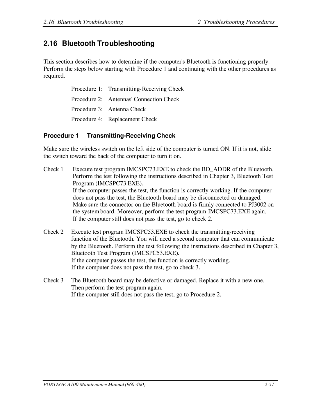 Toshiba A100 manual Bluetooth Troubleshooting Troubleshooting Procedures 