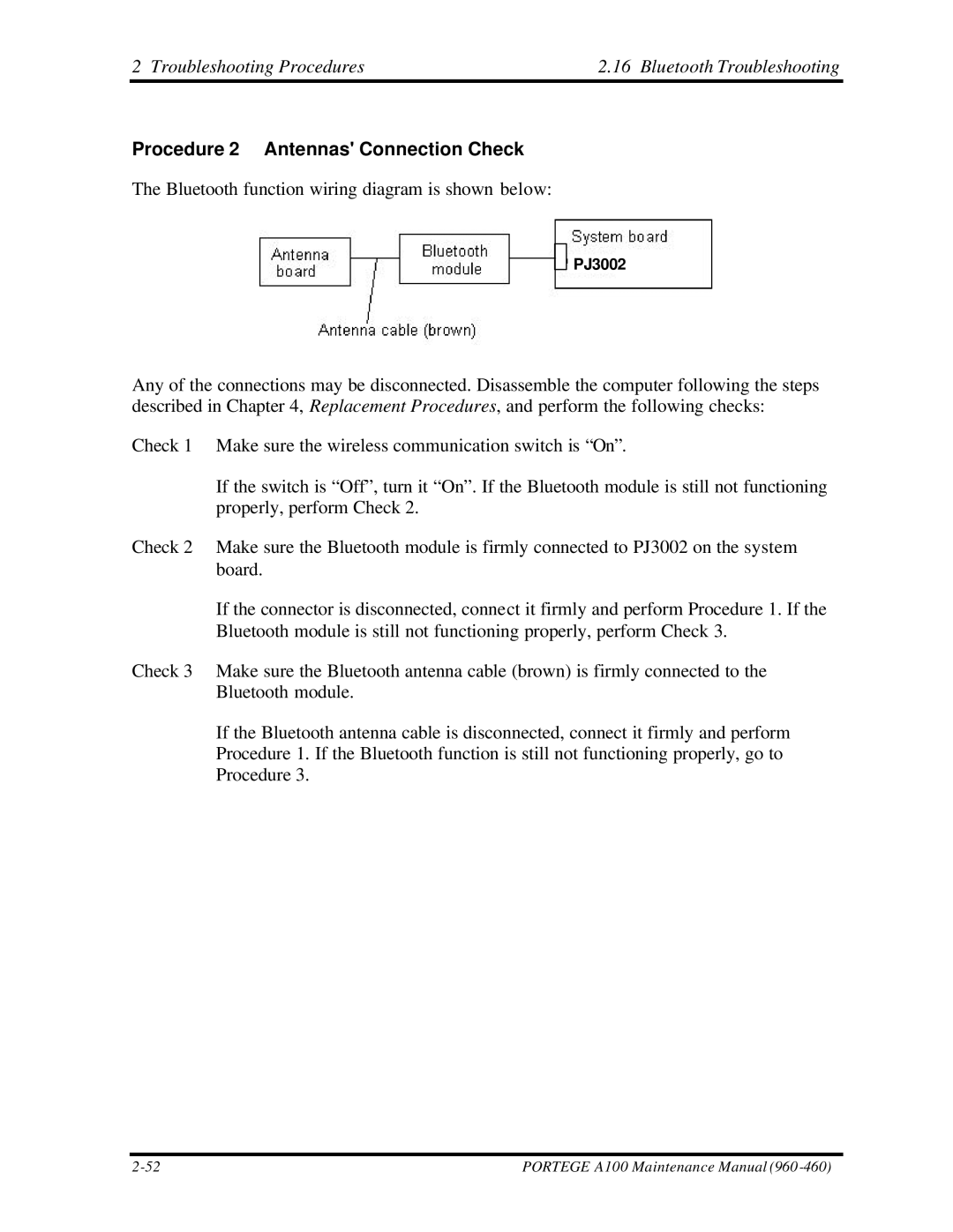 Toshiba A100 manual Troubleshooting Procedures Bluetooth Troubleshooting, Procedure 2 Antennas Connection Check, PJ3002 