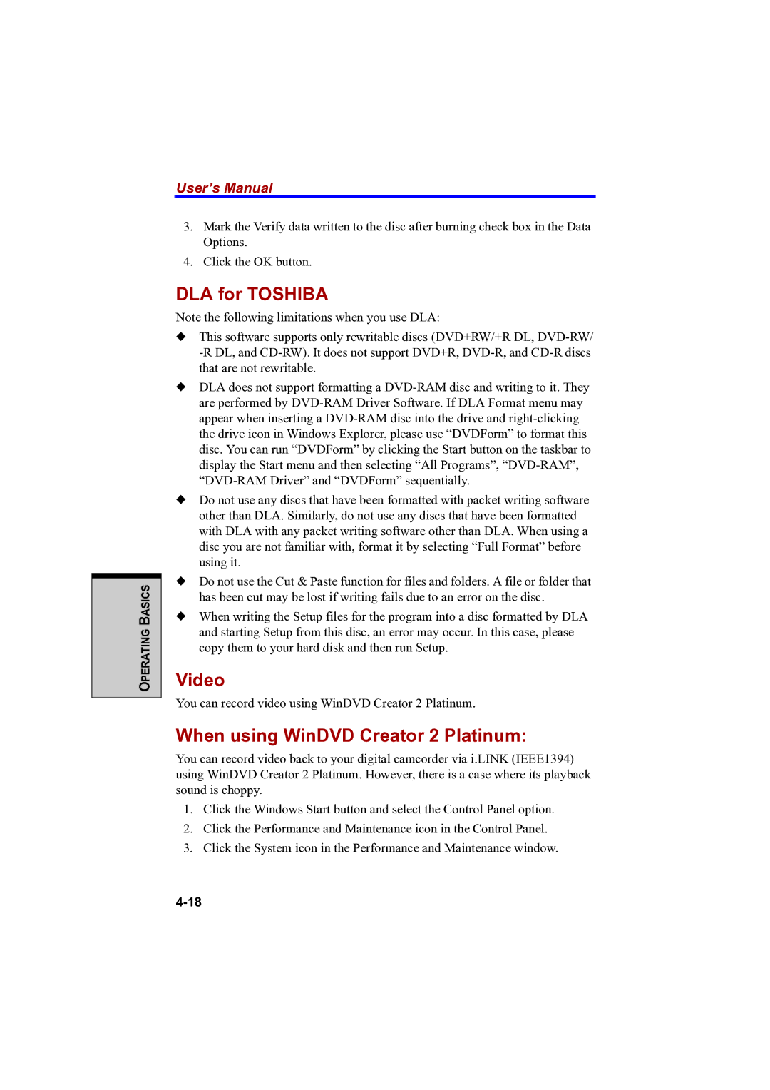 Toshiba A100 user manual DLA for Toshiba, Video, When using WinDVD Creator 2 Platinum 