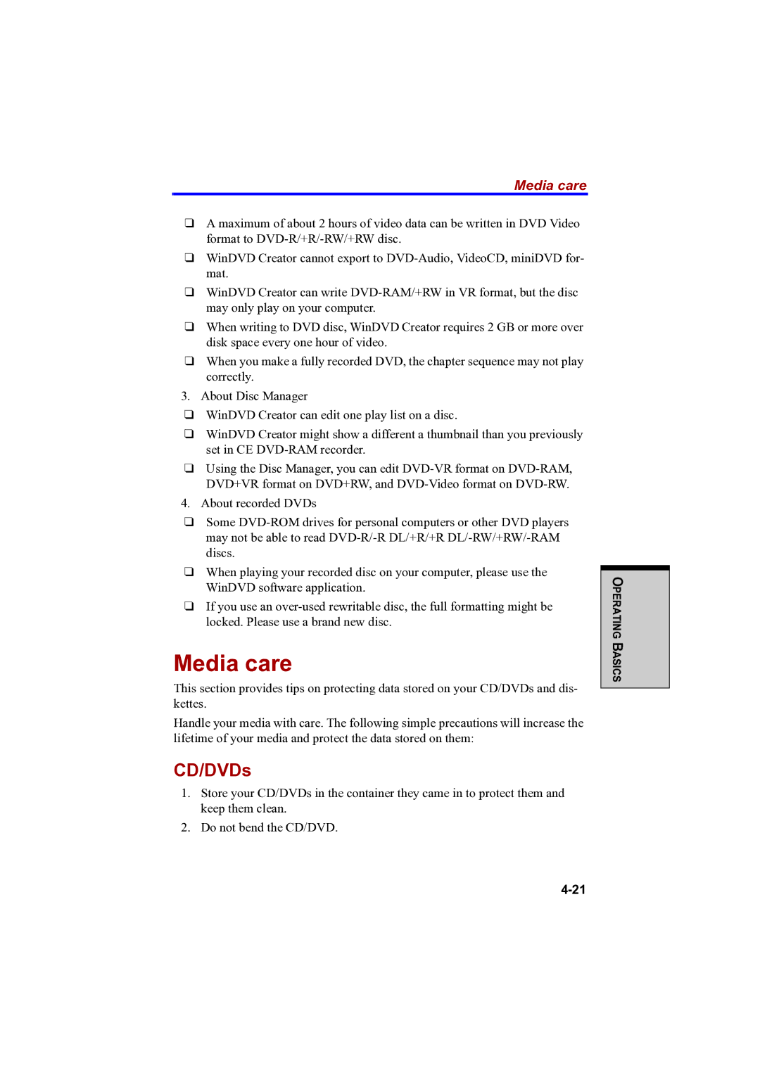 Toshiba A100 user manual Media care, CD/DVDs 