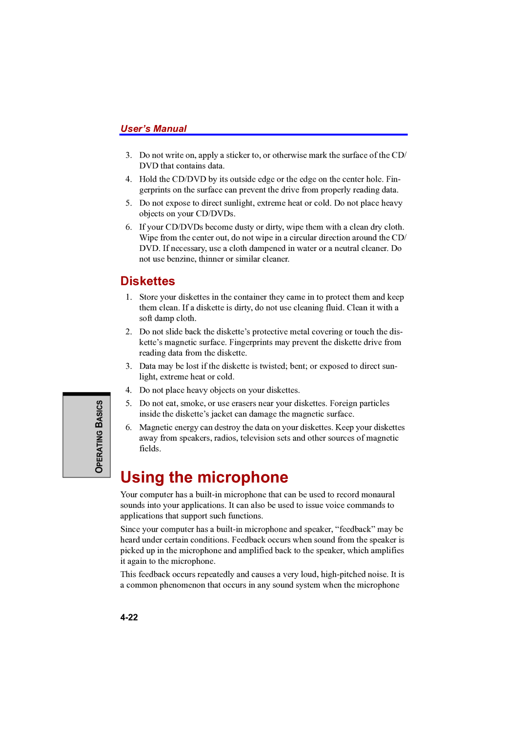 Toshiba A100 user manual Using the microphone, Diskettes 