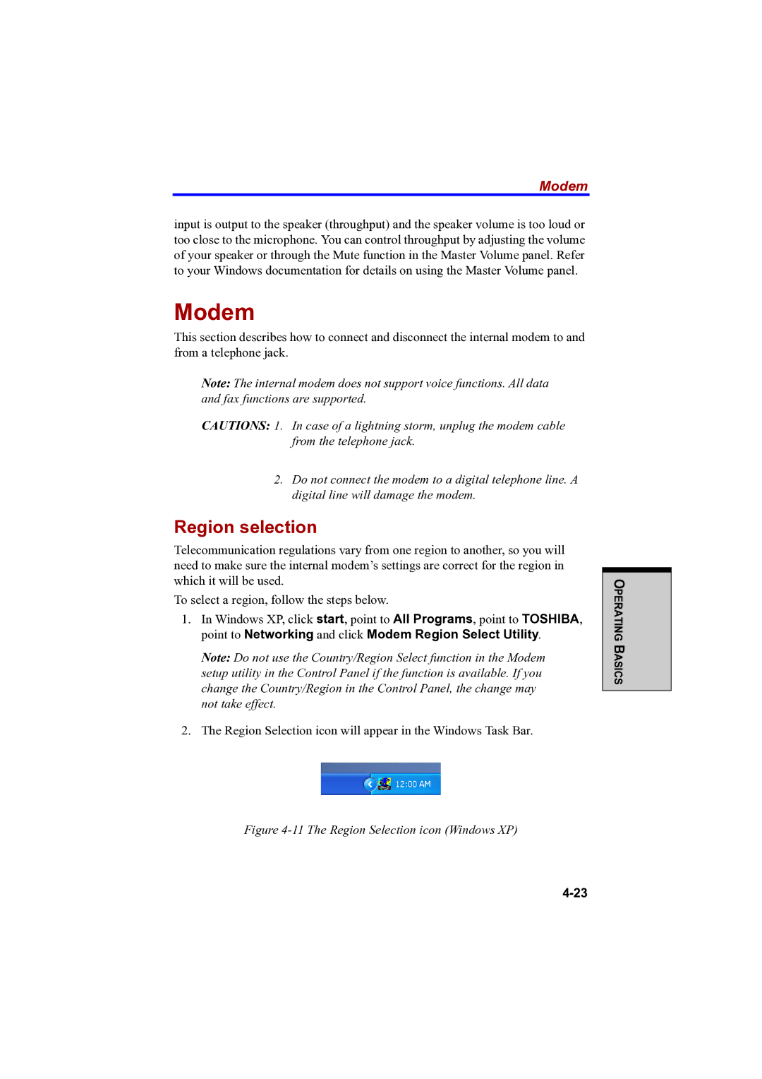 Toshiba A100 user manual Modem, Region selection 