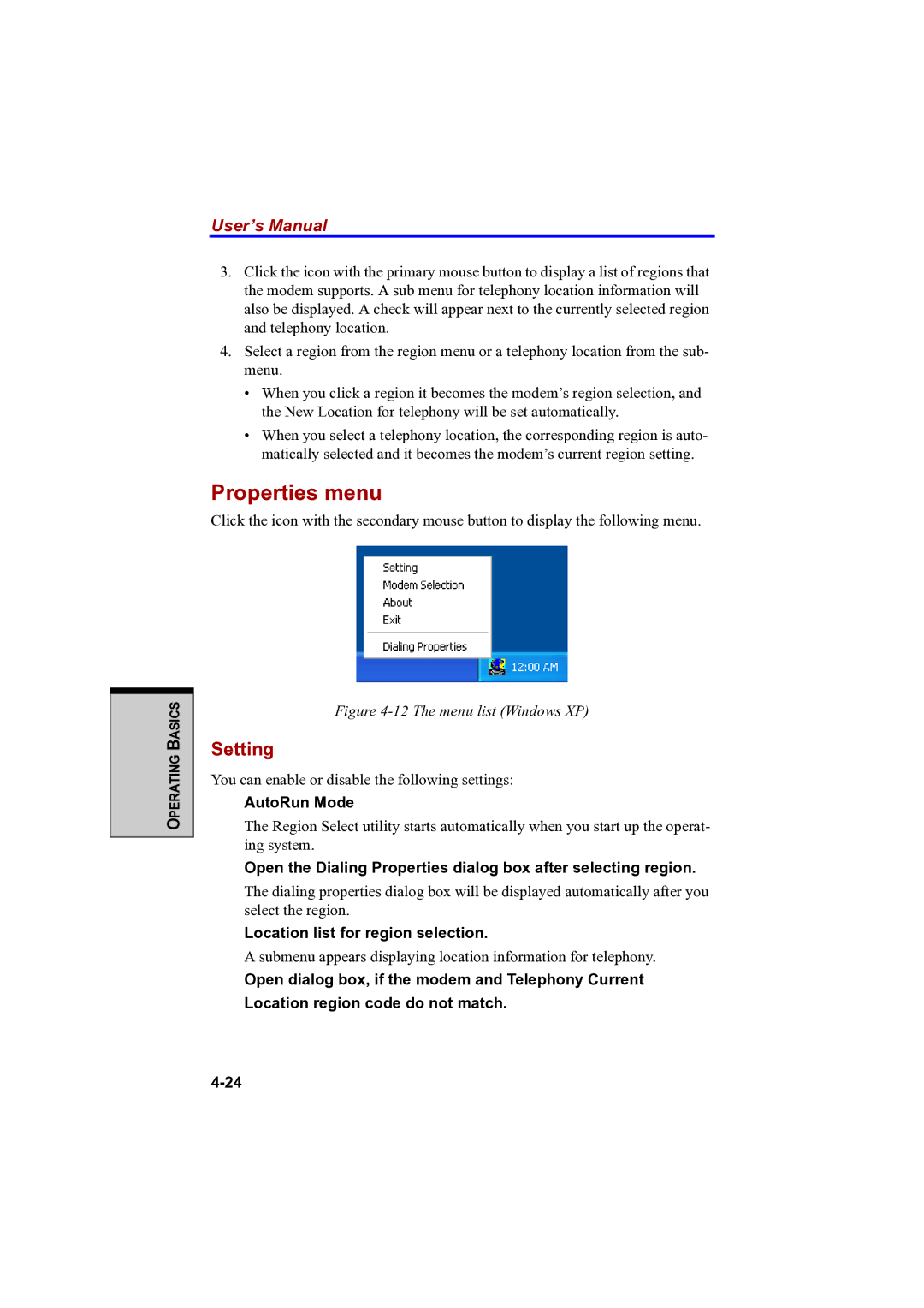 Toshiba A100 user manual Properties menu, Setting, AutoRun Mode, Location list for region selection 