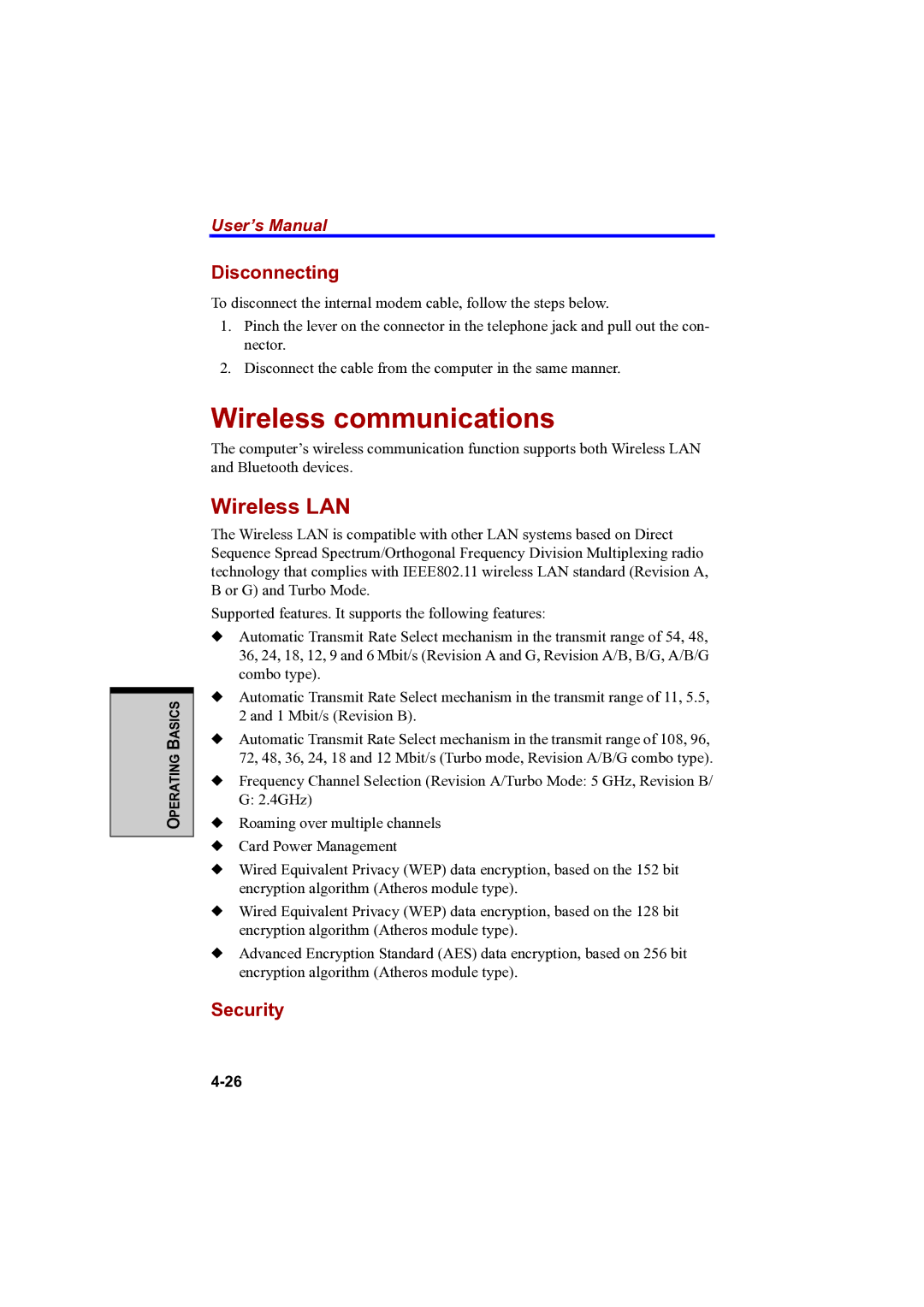 Toshiba A100 user manual Wireless communications, Wireless LAN, Disconnecting 