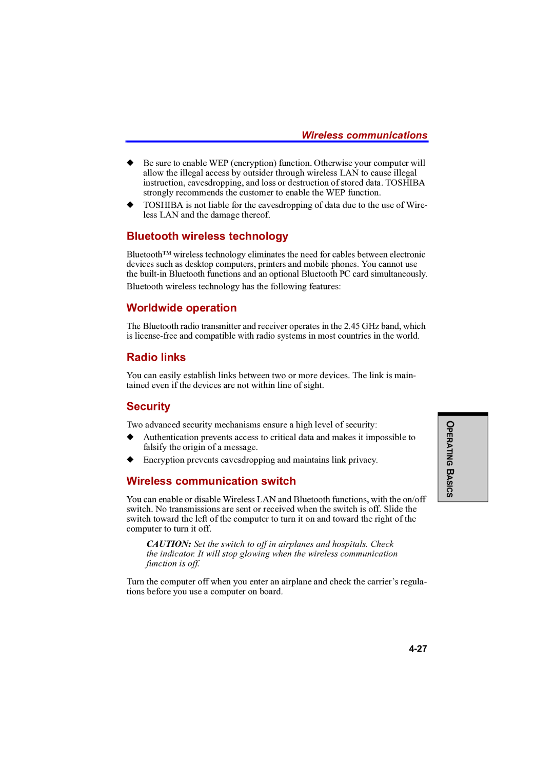 Toshiba A100 user manual Bluetooth wireless technology, Worldwide operation, Radio links, Wireless communication switch 