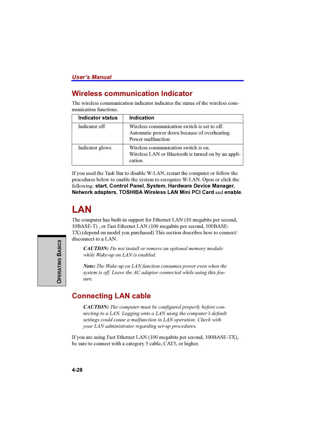 Toshiba A100 user manual Wireless communication Indicator, Connecting LAN cable, Indicator status Indication 