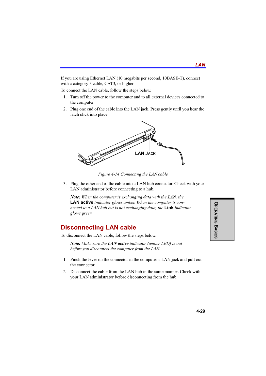 Toshiba A100 user manual Disconnecting LAN cable, Lan 