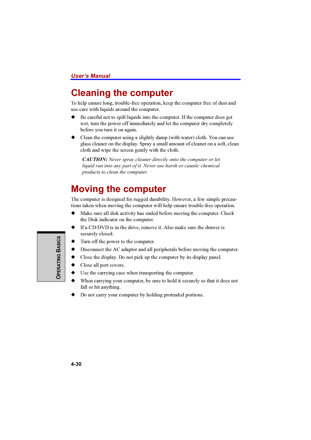 Toshiba A100 user manual Cleaning the computer, Moving the computer 