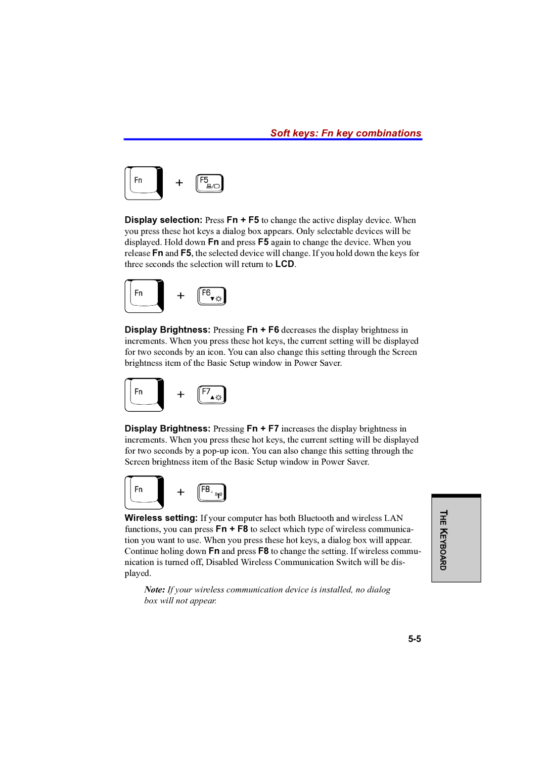 Toshiba A100 user manual Soft keys Fn key combinations 