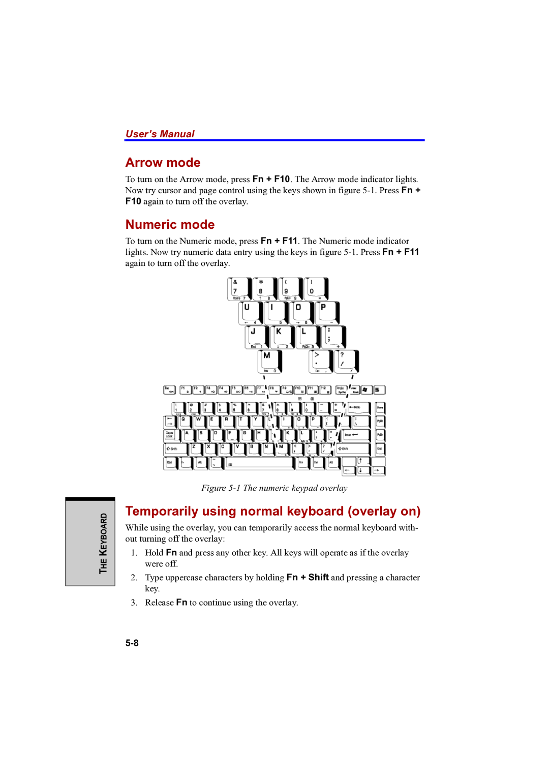 Toshiba A100 user manual Arrow mode, Numeric mode, Temporarily using normal keyboard overlay on 