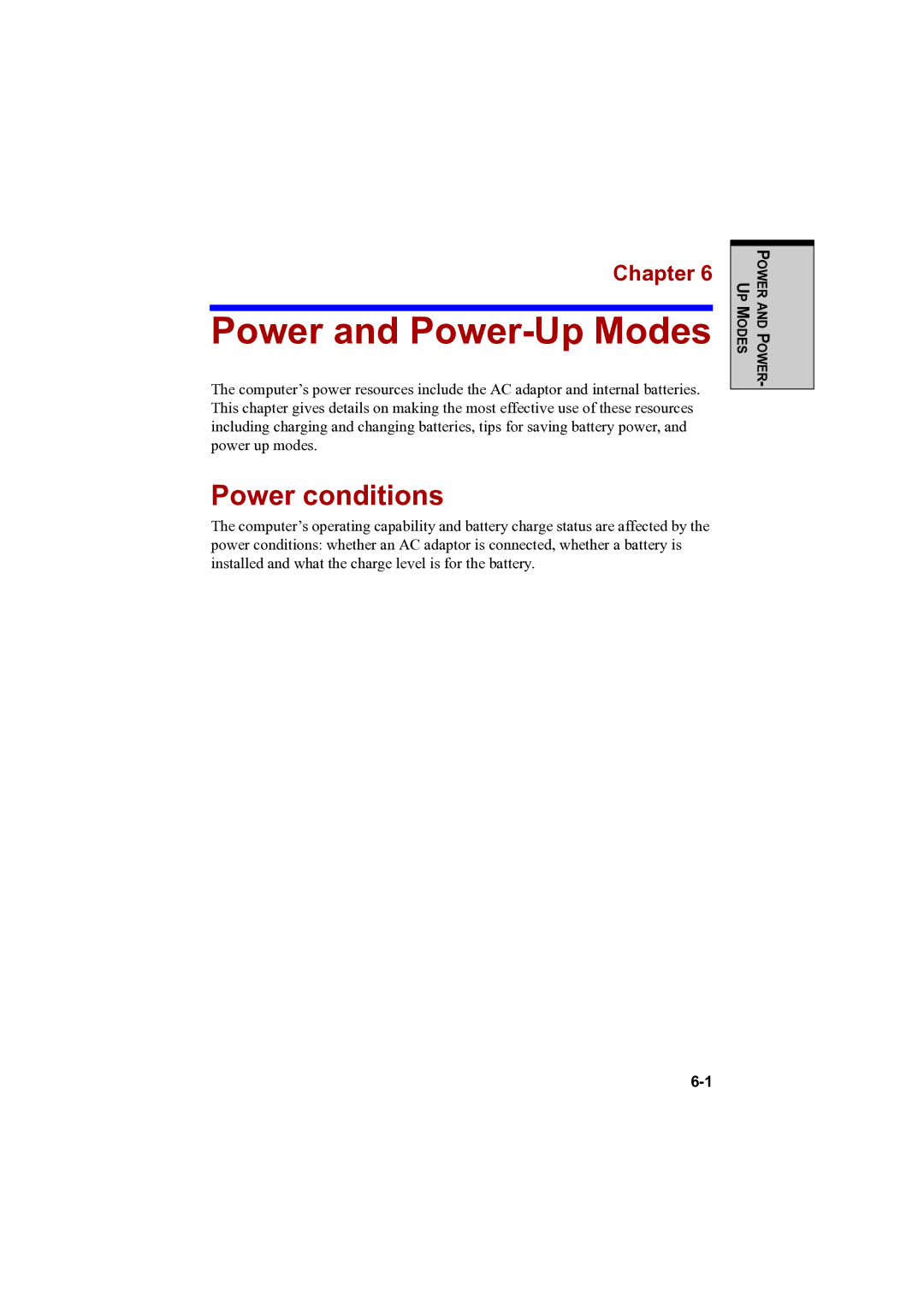 Toshiba A100 user manual Power and Power-Up Modes, Power conditions 