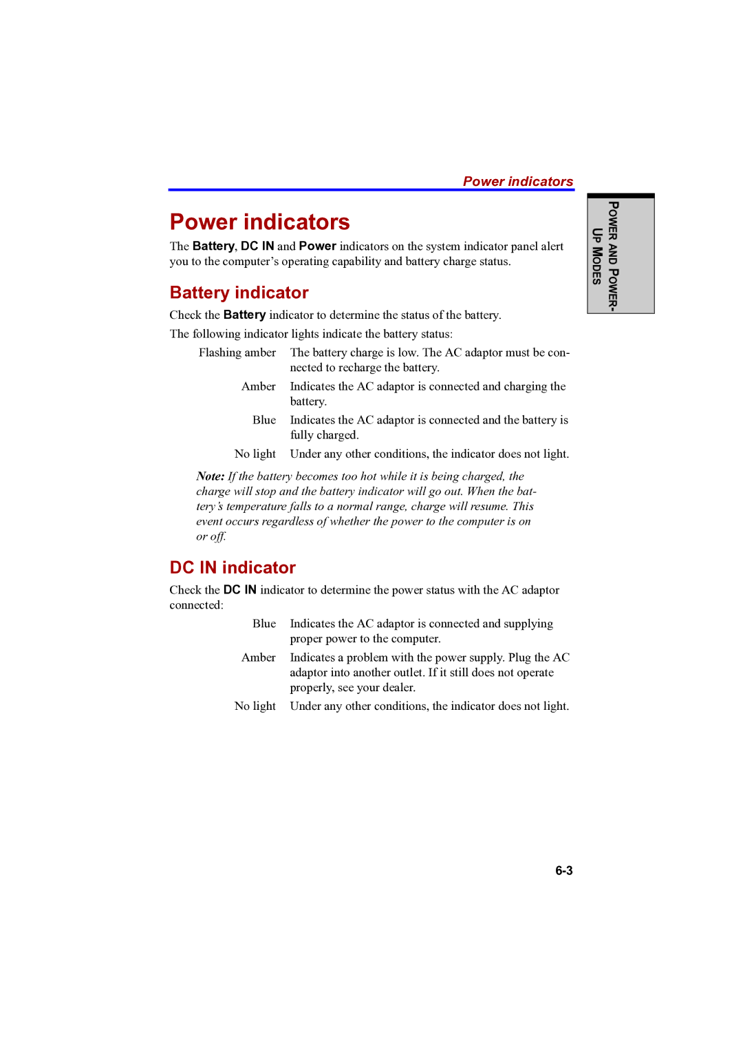 Toshiba A100 user manual Power indicators, Battery indicator, DC in indicator 