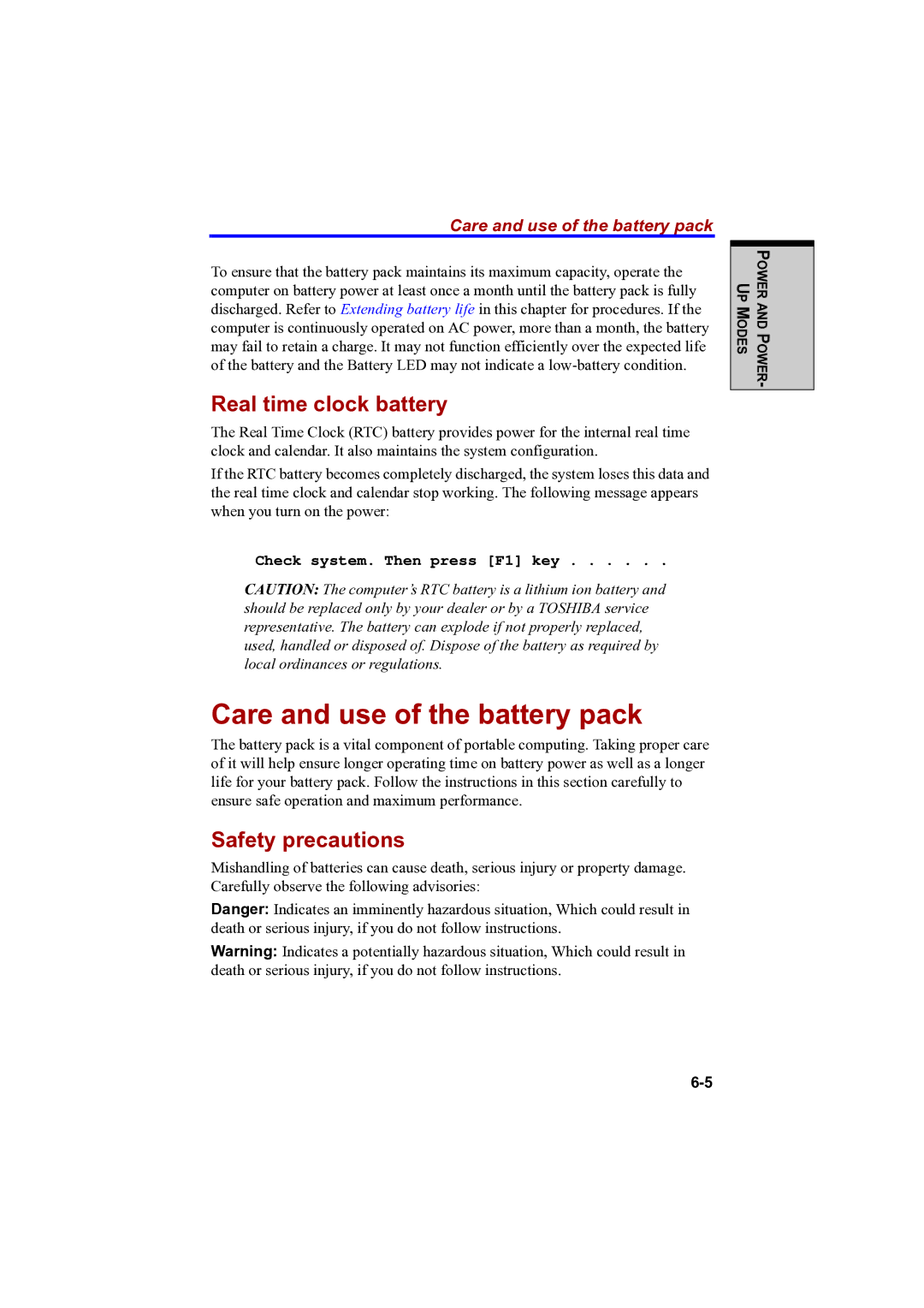 Toshiba A100 user manual Care and use of the battery pack, Real time clock battery, Safety precautions 