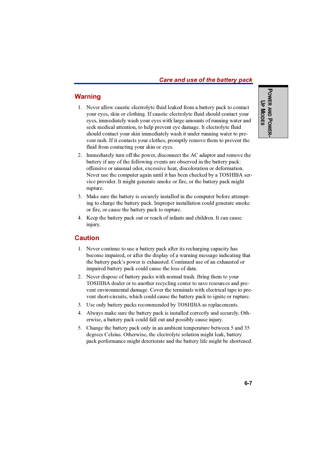 Toshiba A100 user manual Care and use of the battery pack 