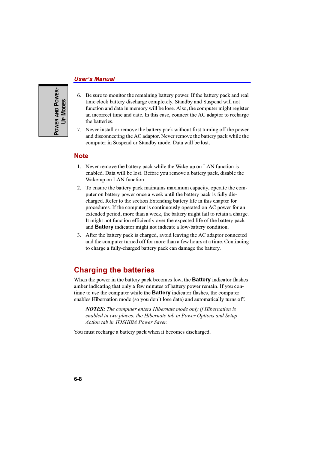 Toshiba A100 user manual Charging the batteries 