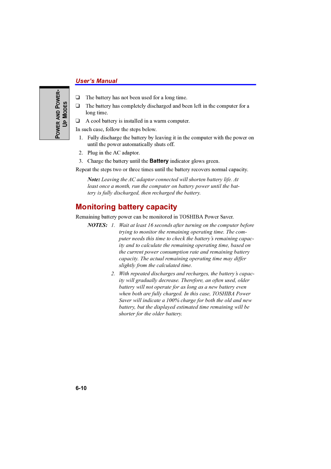 Toshiba A100 user manual Monitoring battery capacity 