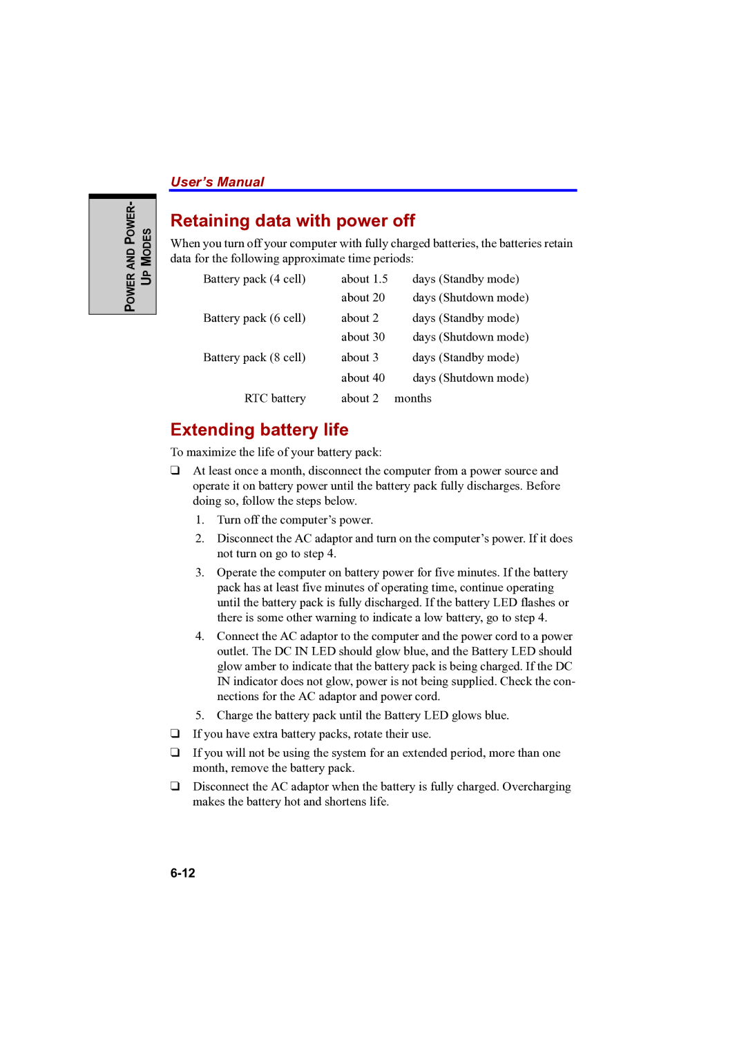 Toshiba A100 user manual Retaining data with power off, Extending battery life 