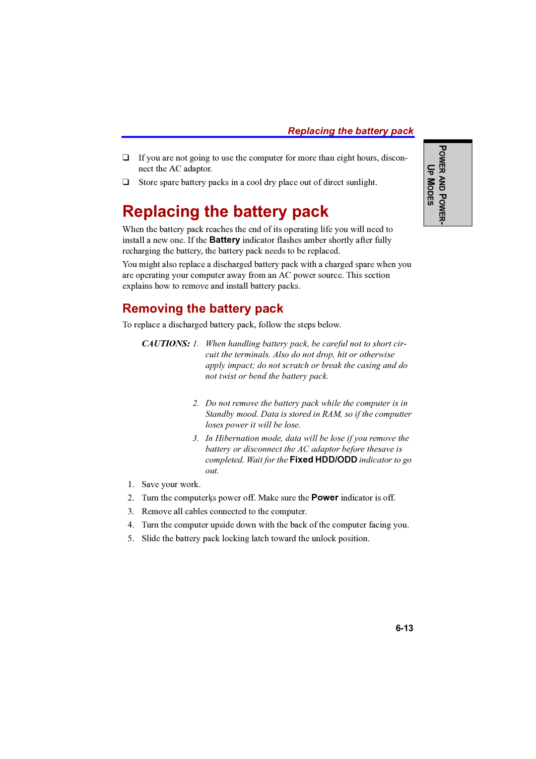 Toshiba A100 user manual Replacing the battery pack, Removing the battery pack 